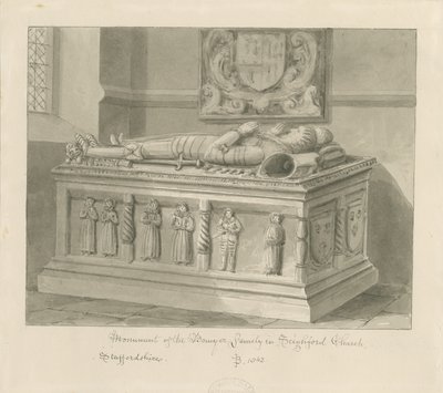 كنيسة Seighford - قبر وليام وميرسي بوير: رسم غسل بني داكن ، 1842 بواسطة جون باكلر