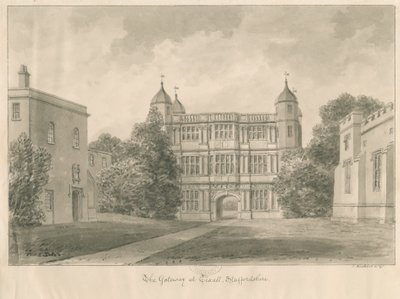 قاعة Tixall و Gatehouse: رسم بني داكن ، 1841 بواسطة جون باكلر