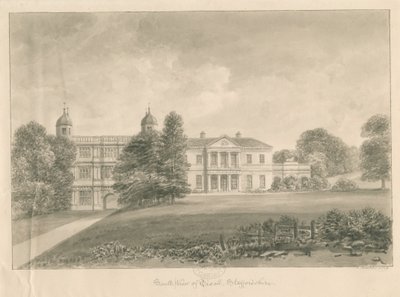 قاعة Tixall و Gatehouse: رسم غسل بني داكن ، 1842 بواسطة جون باكلر