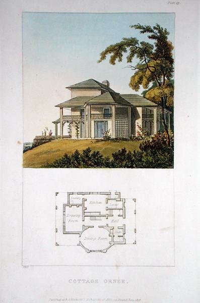 A Cottage Ornee ، من "مستودع الفنون" لأكرمان ، نُشر عام 1818 (لون ليثو) بواسطة جون بوناروتي بابوورث