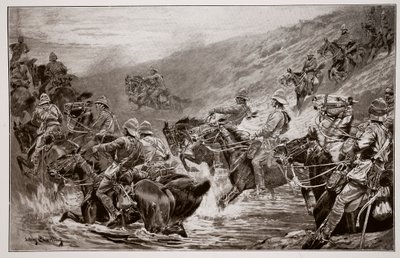 The Dash for Kimberley - The 10th Hussars Crossing Klip Drift بعد رسم تخطيطي من قبل GD Giles (fl.1890) بواسطة جون تشارلتون