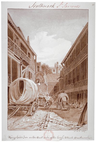 "King's Head Inn on the East Side of the High Street، Southwark" ، لندن ، ١٨٢٧. بواسطة جون شيسيل بكلر