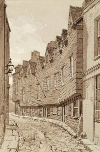 منازل قديمة في ميل لين ، برموندسي ، 1828 ، من "بينانت لندن" (يغسل بالقلم الجاف والبني على الورق) بواسطة جون شيسيل بكلر
