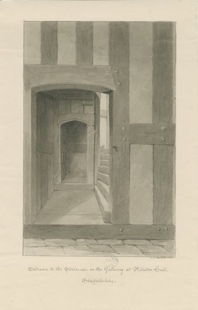 Pillaton Hall - Interior of Gatehouse: sepia drawing بواسطة جون شيسيل بكلر