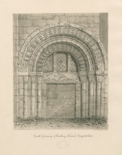 كنيسة Tutbury Priory - المدخل الجنوبي: رسم بني داكن ، 1812 بواسطة جون شيسيل بكلر