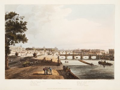 ساحة وجسر الكونكورد. ذا غارد ميوبلي الثوايل. The Bridge Reunion ، رسم توضيحي من حانة "فرساي ، باريس وسانت دينيس". 1806 (أكواتينت) بواسطة جون كلود (بعد) ناتيس