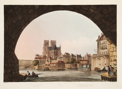 جسر فندق Dieu وكنيسة نوتردام ، رسم توضيحي من حانة فرساي وباريس وسانت دينيس. 1805 (أكواتينت) بواسطة جون كلود ناتس