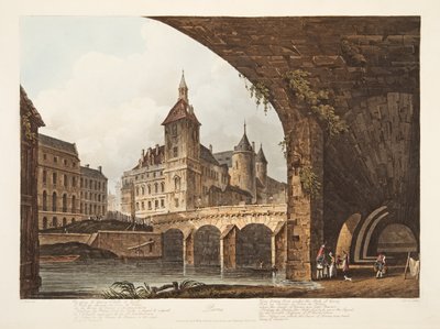 منظر ل Pont-au-Change ، و Tour de lHorloge و Conciergerie ، صورة توضيحية من فرساي وباريس وسانت دينيس ، الحانة. 1807 (أكواتينت) بواسطة جون كلود ناتس