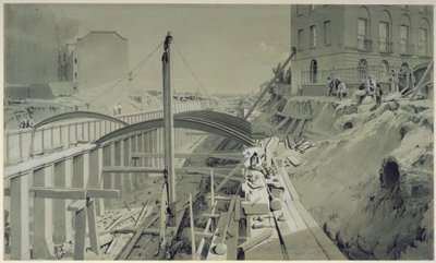 بناء الجدران الاستنادية في بارك ستريت ، مدينة كامدن ، سبتمبر 1836 (قلم وحبر وغسل على ورق) بواسطة جون كوك بورن