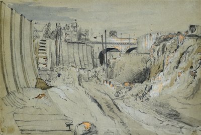 بناء سكة حديد لندن وبرمنغهام ، حوالي عام 1835 (قلم رصاص وغسل على ورق) بواسطة جون كوك بورن