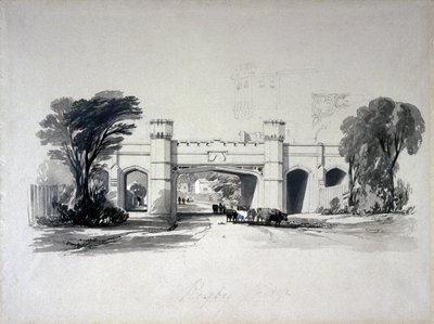جسور السكك الحديدية للرجبي كما تُرى من الطريق ، وارويكشاير ، أبريل 1839 (قلم وحبر وغسل على ورق) بواسطة جون كوك بورن