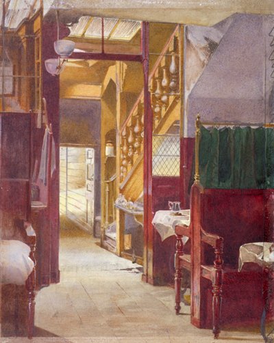 منظر داخلي يُظهر الدرج في Cock Tavern ، شارع فليت ، مدينة لندن ، 1881 بواسطة جون كروثر