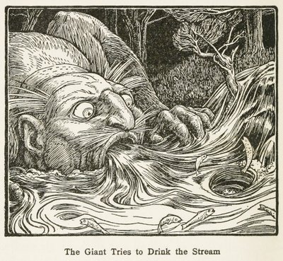 العملاق يحاول شرب التيار ، من حانة Europa Fairy Book. 1916 (نقش) بواسطة جون ديكسون باتن