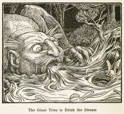 العملاق يحاول شرب التيار ، من حانة Europa Fairy Book. 1916. بواسطة جون ديكسون باتن