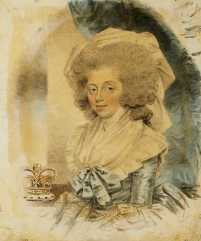 صورة الملكة شارلوت ، نصف طول صغيرة ترتدي فستانًا أزرق وأبيض ، تاجها بجانبها ، 1787 بواسطة جون دومان