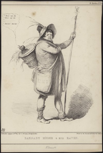 بارنابي رودج وغرابته ، رسم توضيحي من "بارنابي رودج" بقلم تشارلز ديكنز ، 1841 بواسطة جون دويل