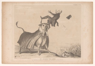 رسم كاريكاتوري يصور أسقف إكستر التقطه ثور على القرون حدث حزين بالقرب من اكستر. أسقف يقذفه ثور ويقلقه مارتن! (العنوان على الكائن) اسكتشات HB (عنوان السلسلة على الكائن) بواسطة جون دويل