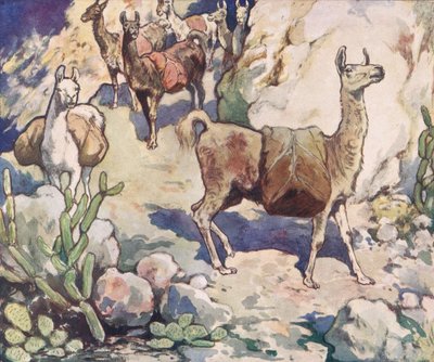 الألبكة على طريق جبلي ، رسم توضيحي من "Helpers Without Hands" بقلم غلاديس ديفيدسون ، نُشر عام 1919 (ليثو ملون) بواسطة جون إدوين نوبل