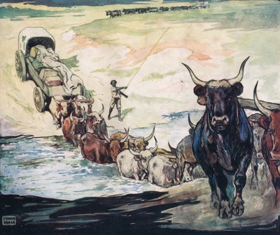 عبور النهر ، رسم توضيحي من "Helpers Without Hands" بقلم غلاديس ديفيدسون ، نُشر عام 1919 (ليثو ملون) بواسطة جون إدوين نوبل