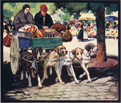 عربة الكلاب الفرنسية ، رسم توضيحي من "Helpers Without Hands" بقلم غلاديس ديفيدسون ، نُشر عام 1919 (ليثو ملون) بواسطة جون إدوين نوبل