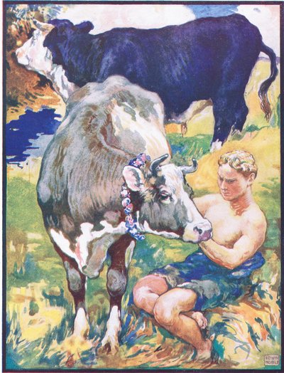"Icoronata كان مفضلاً" ، رسم توضيحي لـ "Chiarino the Bull and the Ambitious Mule" ، من "Animal Legends from Many Lands" ، الذي نشرته Raphael Tuck & Sons Ltd. (لون ليثو) بواسطة جون إدوين نوبل