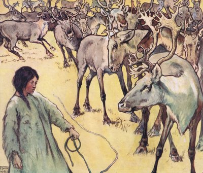 قطيع الموظ ، رسم توضيحي من "Helpers Without Hands" بقلم غلاديس ديفيدسون ، نُشر عام 1919 (ليثو ملون) بواسطة جون إدوين نوبل