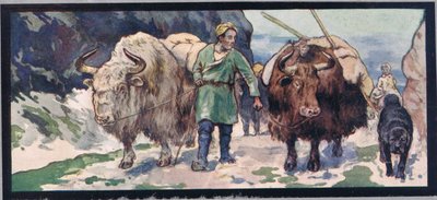 الياك الجبلي ، رسم توضيحي من "Helpers Without Hands" بقلم غلاديس ديفيدسون ، نُشر عام 1919 (لون ليثو) بواسطة جون إدوين نوبل