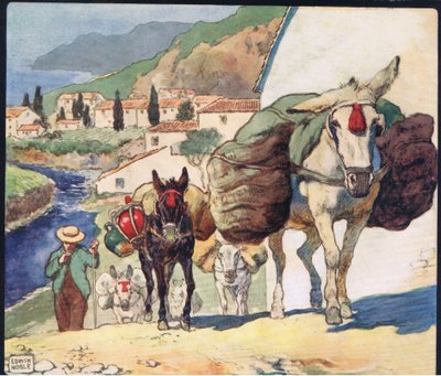 بغال على ممر إسباني ، رسم توضيحي من "Helpers Without Hands" بقلم غلاديس ديفيدسون ، نُشر عام 1919 (ليثو ملون) بواسطة جون إدوين نوبل