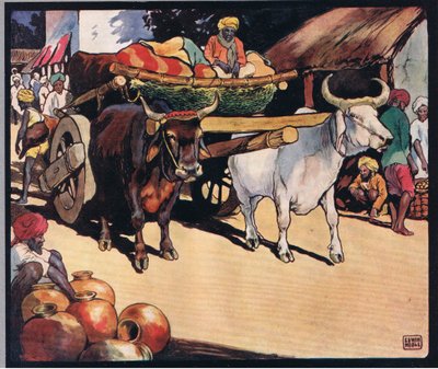 الثيران يسحب عربة ، رسم توضيحي من "Helpers Without Hands" بقلم غلاديس ديفيدسون ، نُشر عام 1919 (ليثو ملون) بواسطة جون إدوين نوبل