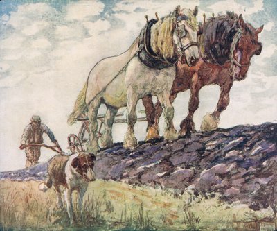 حرث الحقل ، رسم توضيحي من "Helpers Without Hands" بقلم غلاديس ديفيدسون ، نُشر عام 1919 (لون ليثو) بواسطة جون إدوين نوبل