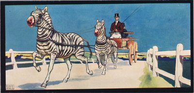 حمار وحشي تسحب عربة ، رسم توضيحي من كتاب Helpers Without Hands بقلم غلاديس ديفيدسون ، نُشر عام 1919 (ليثو ملون) بواسطة جون إدوين نوبل