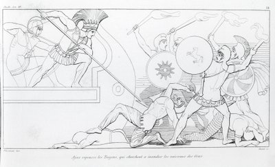 أياكس يصد أحصنة طروادة الذين يسعون لحرق السفن اليونانية. رسم جون فلاكسمان (1755 - 1826). إلياذة هوميروس. الغناء الخامس عشر. بواسطة جون فلاكسمان