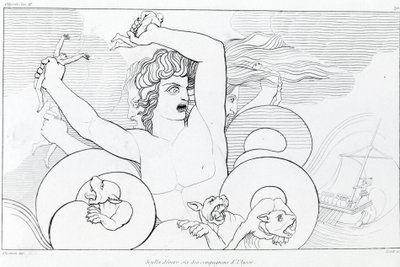 حلقة Charybde و Scylla: يلتهم ستة من رفاق Ulysses. رسم جون فلاكسمان (1755 - 1826). ملحمة هوميروس. الأغنية الثانية عشر. بواسطة جون فلاكسمان
