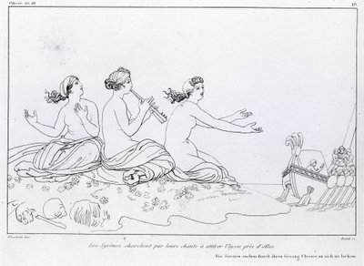 تسعى حوريات البحر من خلال أغنيتهم إلى جذب أوليسيس. رسم جون فلاكسمان (1755 - 1826). ملحمة هوميروس. الأغنية الثانية عشر. بواسطة جون فلاكسمان