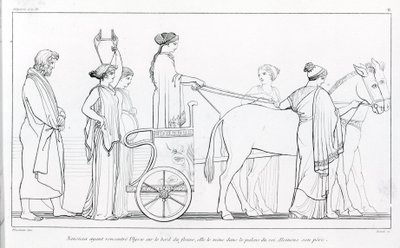 Nausicaa ، الذي قابل للتو أوليسيس ، يعيده إلى قصر والده الملك Alkinoos. رسم جون فلاكسمان (1755 - 1826). ملحمة هوميروس. أغنية السادس. بواسطة جون فلاكسمان