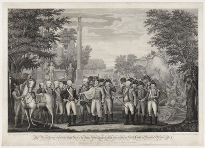 يسلم البريطانيون أسلحتهم للجنرال: واشنطن بعد هزيمتهم في يورك تاون في فيرجينيا أكتوبر 1781. بواسطة جون فرانسيس (بعد) رينو