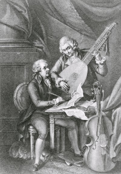 صورة فرانز جوزيف هايدن (1732-1809) و فولفجانج أماديوس موتسارت (1756-1991) يؤلفان موسيقى العود ، نقشتها ميشيل بنديتي (1745-1810) بواسطة جون فرانسيس ريود