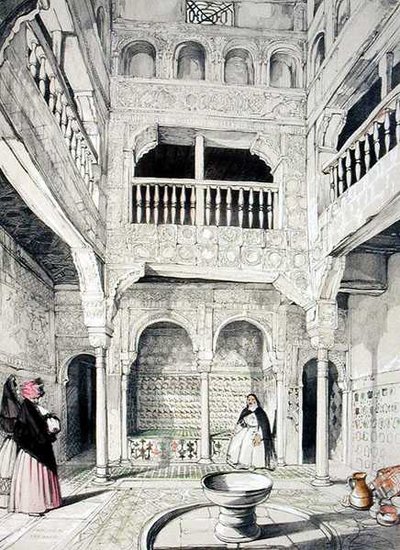 مدخل الحمامات ، من "اسكتشات ورسومات قصر الحمراء" ، نقشها جيمس دوفيلد هاردينغ (1798-1863) بواسطة جون فريدريك (بعد) لويس
