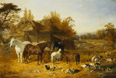 مزرعة مع الخيول والمهور ، Berkshire ، Saddlebacks ، الماشية Alderney Shorthorn ، Bantams ، Mallard و غينيا الطيور ، مع قصر ريفي بجوار نهر في المسافة ، 1853 بواسطة جون فريدريك هيرينج الأب