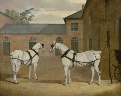 الخيول ذات العجلات الرمادية للسيد سويربي في ساحة عمله في بوتريدج بوري ، هيرتفوردشاير ، 1836 بواسطة جون فريدريك هيرينج الأب