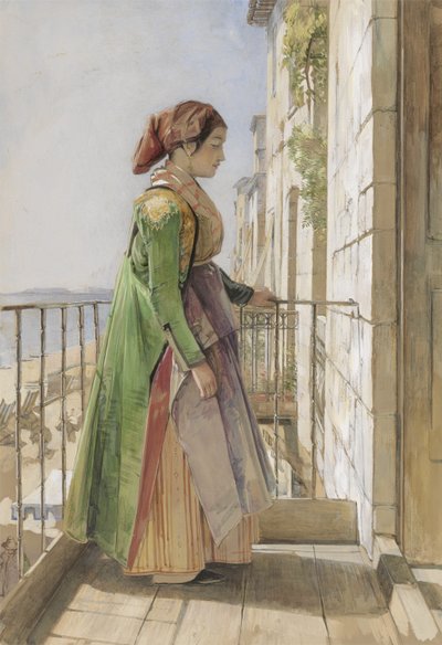فتاة يونانية تقف على شرفة حوالي عام 1840 (ألوان مائية وغواش فوق جرافيت على ورق) بواسطة جون فريدريك لويس