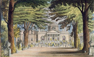 الجبهة الرئيسية لبيت تشيسويك ، من ر. اكرمان (1764-1834) "مستودع الفنون" ، نُشر عام 1823 (نقش الألوان) بواسطة جون جندال