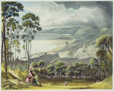 منظر لـ Honfleur ، من "مناظر على نهر السين" ، منقوش بواسطة توماس ساذرلاند (مواليد 1785) نشره R. Ackermann (1764-1834) 1821 بواسطة جون جندال