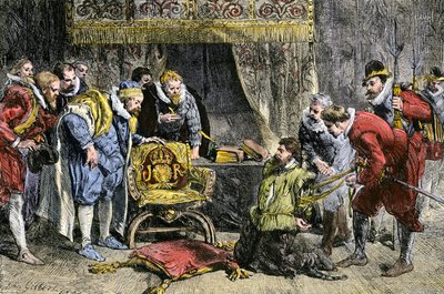 جاي فوكس أمام ملك إنجلترا جيمس الأول بعد مؤامرة البارود في 5 نوفمبر 1605. القرن التاسع عشر (نقش) بواسطة جون جيلبرت