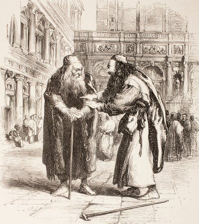 رسم توضيحي لتاجر البندقية ، يلتقي Shylock و Tubal في الشارع ، الفصل الثالث ، المشهد الأول ، من "مكتبة شكسبير المصورة" ، تم نشره في لندن عام 1890 بواسطة جون جيلبرت