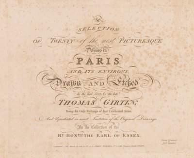 مجموعة مختارة من عشرين من أجمل المناظر في باريس وضواحيها: صفحة العنوان ، 1803. بواسطة جون جيرتن