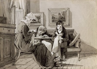 الداخلية الاجتماعية في قاعة براتاي ، تصور جيسي هاردن ، القس أوين لويد و H.Mack ، c.1827 (حبر وغسل على ورق) بواسطة جون هاردن