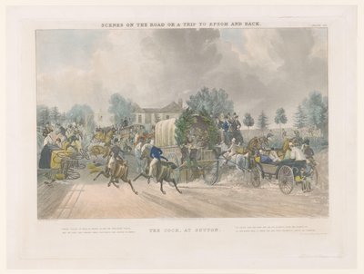 منظر لشارع ساتون هاي ستريت في كوك إن The Cock ، at Sutton (العنوان على الكائن) مناظر الشارع حول إبسوم (عنوان المسلسل) مشاهد على الطريق ، أو رحلة إلى إبسوم والعودة (عنوان المسلسل) بواسطة جون هاريس