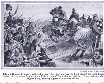 جمع إدوارد الثاني جيشًا وخاض معركة في بانوكبورن 1314 م ، حيث هزم بروس الإنجليز ، ج .1950 بواسطة جون هاريس فالدا