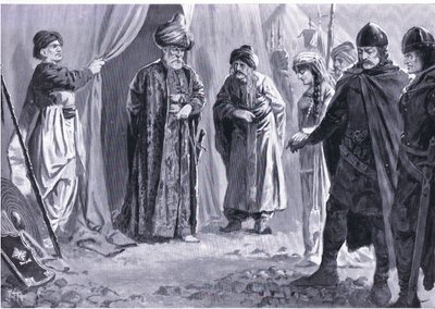 يسلم إيفان شيشمان الثالث أخته إلى السلطان مراد الأول ، 1366 بعد الميلاد ، من تاريخ الأمم في هاتشينسون (المجلد 4) الذي نشره هاتشينسون ، ج. 1920 (ليثو) بواسطة جون هاريس فالدا